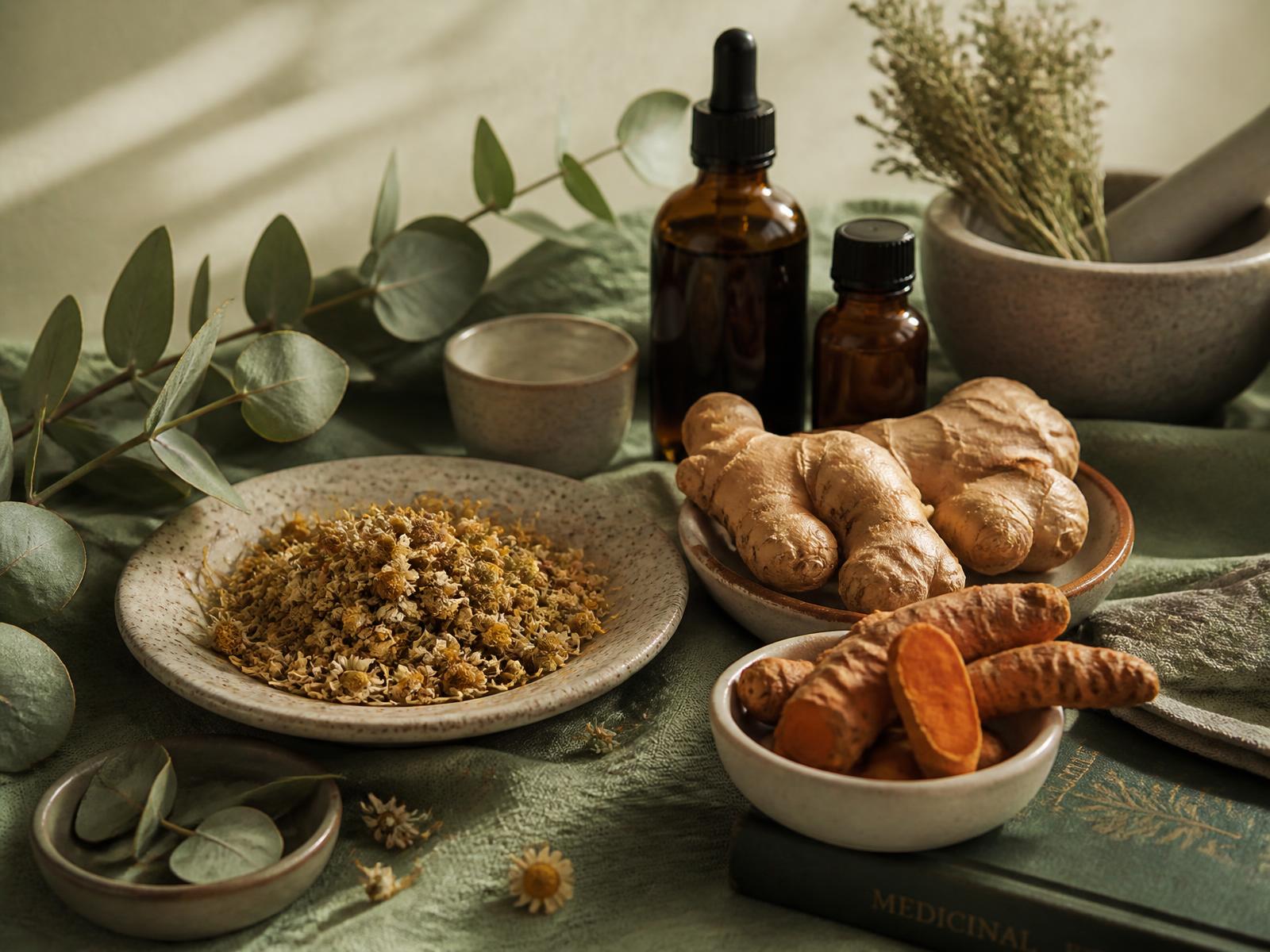 Dried chamomile, ginger, turmeric and amber tincture bottles on green linen