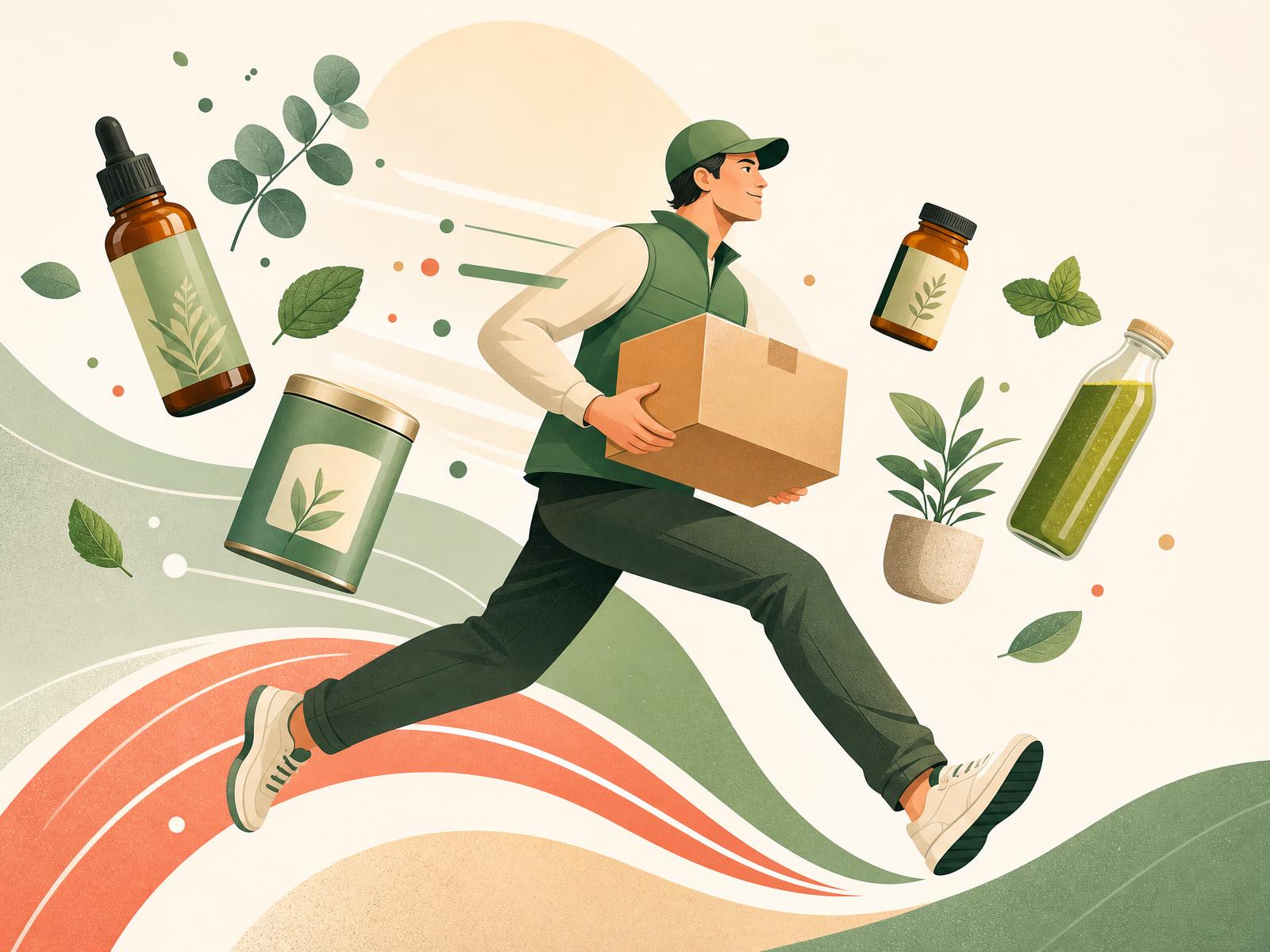Illustration of a delivery courier in motion carrying a box of wellness products — supplements, herbal tea, juice and plants